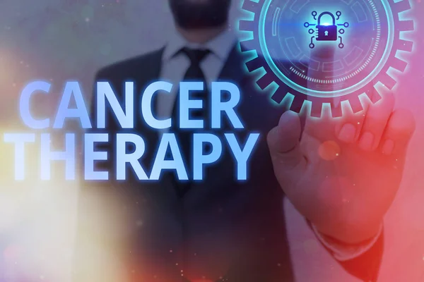 Writing note showing Cancer Therapy. Business photo showcasing the treatment of cancer in a patient often with chemotherapy Graphics padlock for web data information security application system. — Stock Photo, Image