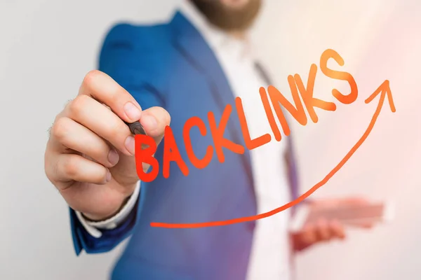 Writing note showing Backlinks. Business photo showcasing links from one website to a page on another website or page Digital arrowhead curve denoting growth development concept. — Stock Photo, Image