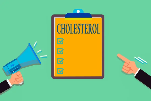 Een briefje met Cholesterol erop. Zakelijke foto showcasing verbinding van het type sterol gevonden in de meeste lichaamsweefsels Hu analyse Handen Holding Megaphone Punting Blank Klembord. — Stockfoto