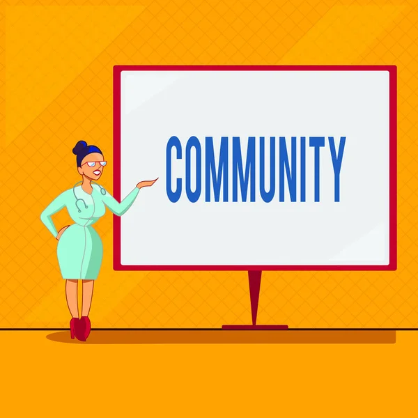 Handwriting text Community. Concept meaning group of showing with a common characteristics living together Female Doctor with Stethoscope Standing Hand Presenting Blank Whiteboard. — Stock Photo, Image