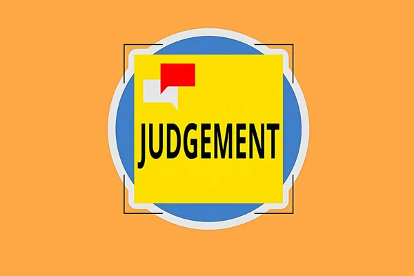 Writing note showing Judgement. Business photo showcasing process of forming an evaluation by discerning and comparing Two Speech Bubble Overlapping on Square Shape above a Circle. — Stock Photo, Image