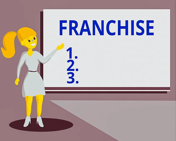 Conceptual hand writing showing Franchise. Business photo text right or license granted to an individual or group to market Wo analysis Presenting Audio Visual Blank Projector Screen.