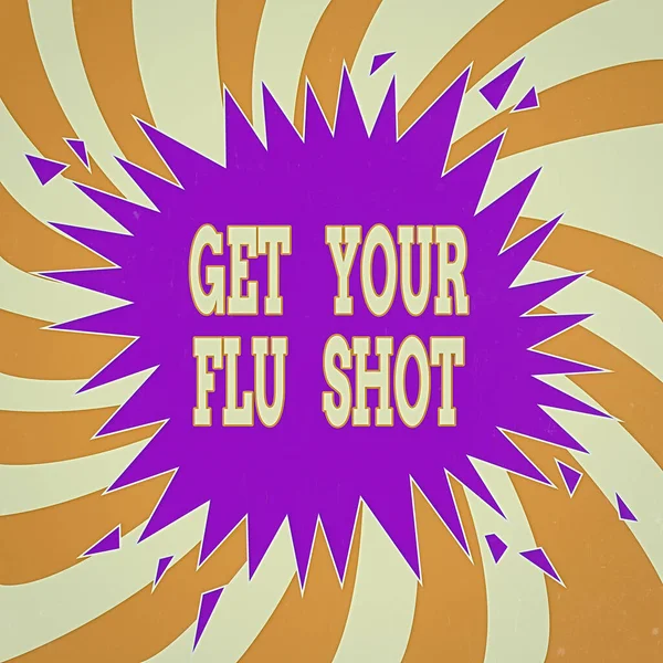 Handwriting text Get Your Flu Shot. Concept meaning immunization is given yearly to protect against the influenza Blank Exploding Cracking Breaking Speech Bubble Sound Effect on Burst.