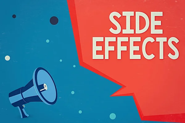 Word writing text Side Effects. Business concept for Typically undesirable effect of a drug or medical treatment Megaphone Loudspeaker and Blank Geometric shape Half Speech Bubble.