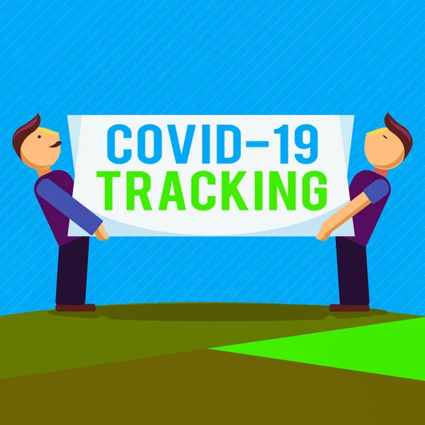 Konceptuell handstil som visar Covid 19 Tracking. Business photo text Utmärkande process av de möjliga infekterade individer Två Män bär rektangulära Tomma Panelen styrelse på båda sidor. — Stockfoto