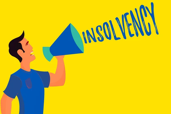 Writing note showing Insolvency. Business photo showcasing the state of being insolvent inability to pay one s is debts Man in Shirt Talking Holding a Megaphone Male Calling Out. — Stock Photo, Image