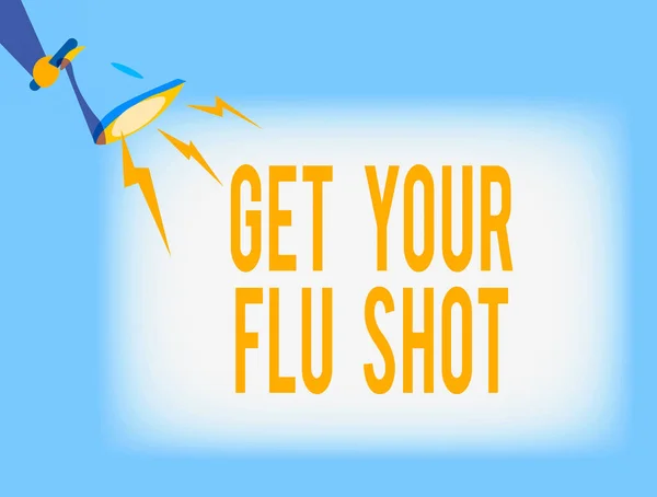 Écriture conceptuelle montrant Get Your Griu Shot. L'immunisation par le texte de la photo d'affaires est donnée chaque année pour protéger contre l'analyse de la grippe Hu tenant le mégaphone avec effet de foudre. — Photo