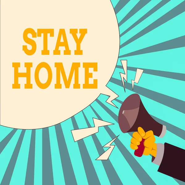 Writing note showing Stay Home. Business photo showcasing not go out for an activity and stay inside the house or home Male Hu analysis Hand Holding Megaphone Blank Speech Bubble. — Stock Photo, Image