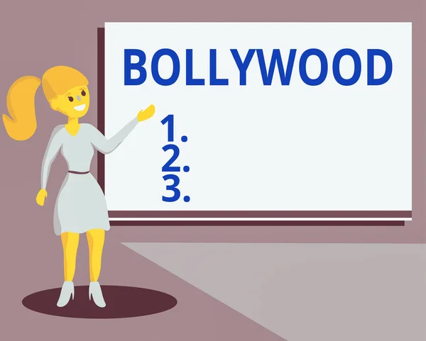 Konceptualny rękopis pokazujący Bollywood. Tekst biznesowy Hollywood, odnosi się do hinduskiego przemysłu filmowego w Indiach. Analiza Wo Prezentacja Audio Visual Blank Projector Screen. — Zdjęcie stockowe