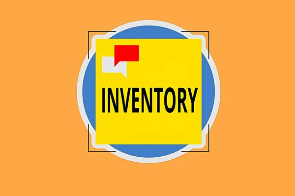 Writing note showing Inventory. Business photo showcasing list of traits, preferences, attitudes, interests, or abilities Two Speech Bubble Overlapping on Square Shape above a Circle. — Stock Photo, Image