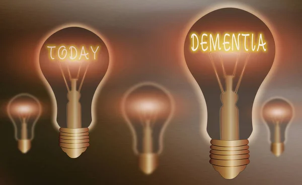 Conceptual hand writing showing Dementia. Business photo showcasing usually, a progressive condition marked by multiple deficits Realistic colored vintage light bulbs, idea sign solution. — Stock Photo, Image