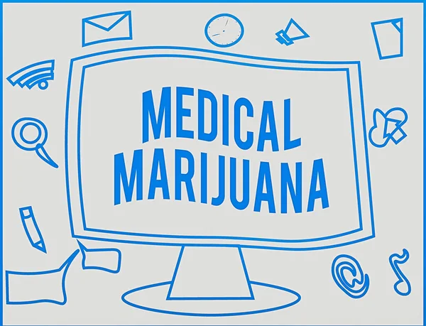Handstilstext med medicinsk Marijuana. Begreppet mening tillgänglig endast genom recept och används för att behandla sjukdom Web Application Software ikoner omger Blank Mounted Computer Monitor. — Stockfoto