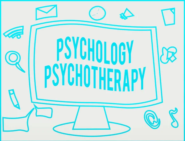 Handwriting text writing Psychology Psychotherapy. Concept meaning use of a psychological method to treat mental illness Web Application Software icons Surrounding Blank Mounted Computer Monitor. — Stock Photo, Image