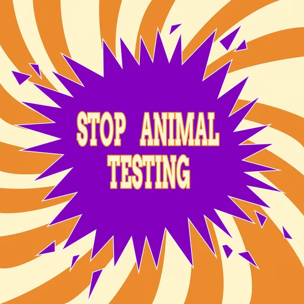 Текст почерка Stop Animal Testing. Концептуальный смысл положил конец экспериментам с животными или исследованиям Простой Взрыв трещин Разрушающий речевой пузырь Звуковой эффект при взрыве. — стоковое фото
