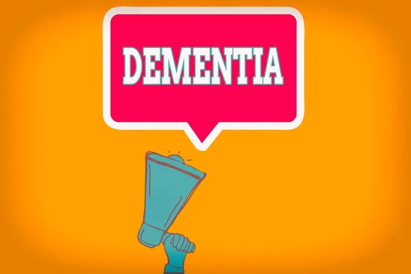 Writing note showing Dementia. Business photo showcasing usually, a progressive condition marked by multiple deficits Hu analysis Hand Holding Upward Megaphone Speech Bubble. — Stock Photo, Image