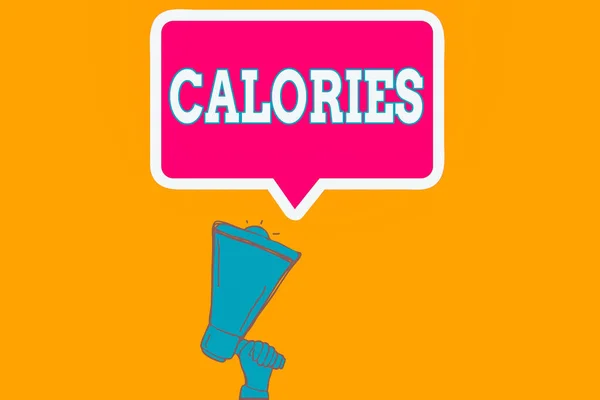 Píšu vzkaz ukazující kalorie. Obchodní foto ukazuje množství potravin, které mají hodnotu energie jedné velké kalorie Hu analýzy Ruční držení nahoru Megaphone Speech Bubble. — Stock fotografie