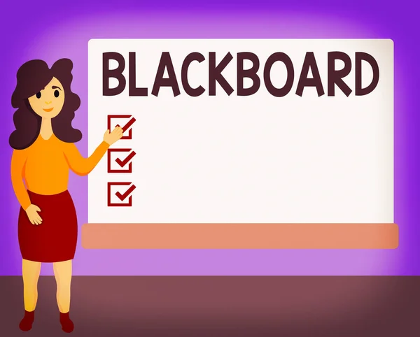単語書き込みテキスト｜Blackboardヘルプ。通常、教室で使用されるハード滑らかな暗い表面のためのビジネスコンセプト女性胡分析立ち手は長方形のブランクホワイトボードを提示. — ストック写真