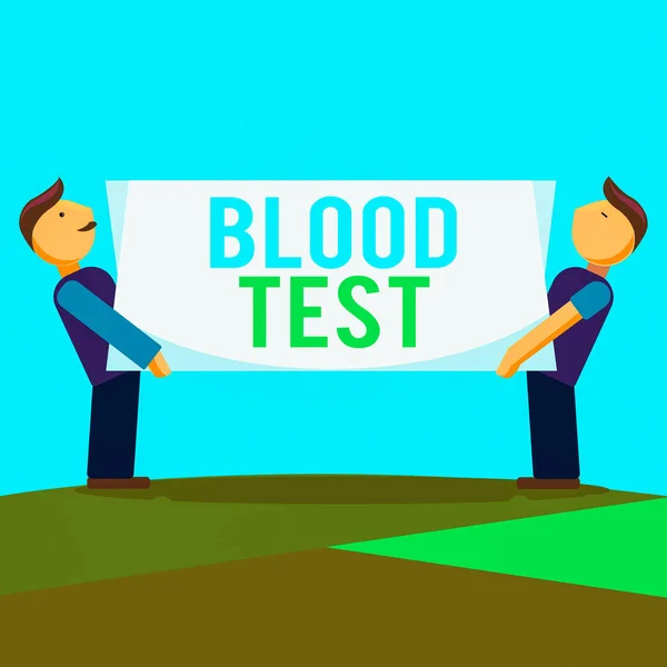 Conceptual hand writing showing Blood Test. Business photo text Extracted blood sample from an organism to perfom a laboratory analysis Two Men Carrying Rectangular Blank Panel Board on Both Sides.