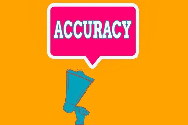 Writing note showing Accuracy. Business photo showcasing degree of conformity of a measure to a standard or a true value Hu analysis Hand Holding Upward Megaphone Speech Bubble. — Stock Photo, Image