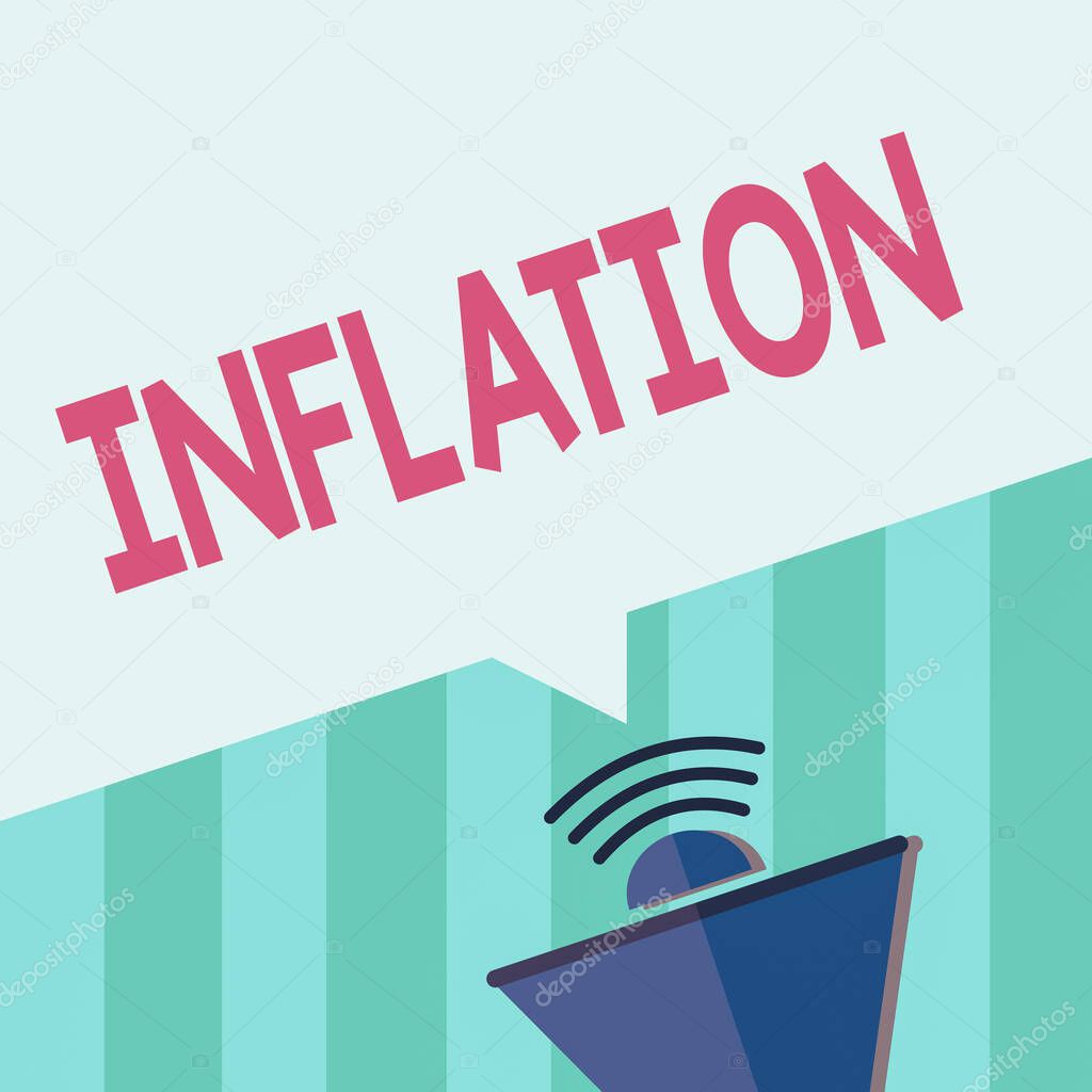 Word writing text Inflation. Business concept for increase in the volume of money relative to available goods Megaphone Halftone with Sound icon and Blank Geometric Speech Bubble.