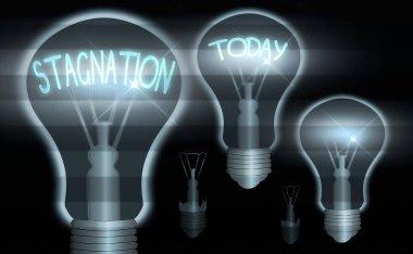 Text sign showing Stagnation. Conceptual photo condition marked by lack of flow, movement, or development Realistic colored vintage light bulbs, idea sign solution thinking concept. clipart