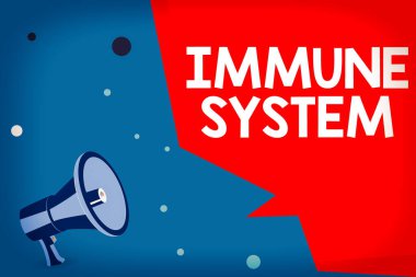 Kelime yazma immün sistemi. Vücudu yabancı maddelerden koruyan bir beden sistemi için iş konsepti. Megafon hoparlörü ve Boş Geometrik şekil Yarım Konuşma Balonu.