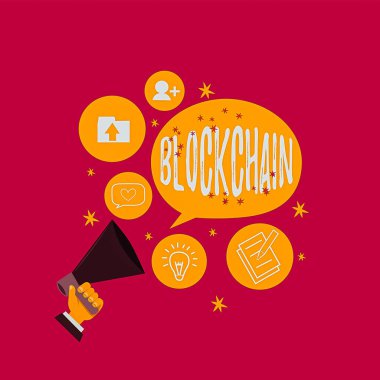 Blockchain 'i gösteren mesaj işareti. Hu Analizi El Tutma Megafonu Konuşan Farklı Konular ve Konuşma Baloncuğu Bilgileri içeren kavramsal fotoğraf dijital veritabanı.