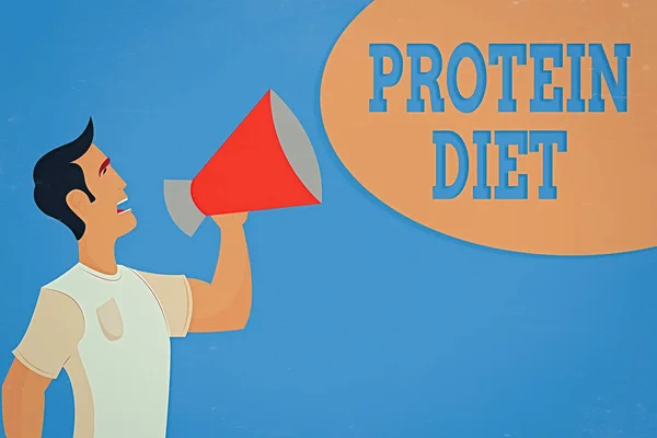 Word writing text Protein Diet. Geschäftskonzept für den Verzehr proteinhaltiger Lebensmittel Diätplan Mann im Hemd im Stehen Reden Halten eines Megaphons Männlich ruft auf. — Stockfoto