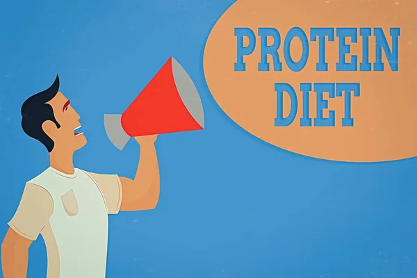 Texto para escrita de palavras Protein Diet. Conceito de negócio para o consumo de alimentos com alto teor de proteínas plano de dieta Man in Shirt Standing Talking Holding a Megaphone Male Calling Out para . — Fotografia de Stock