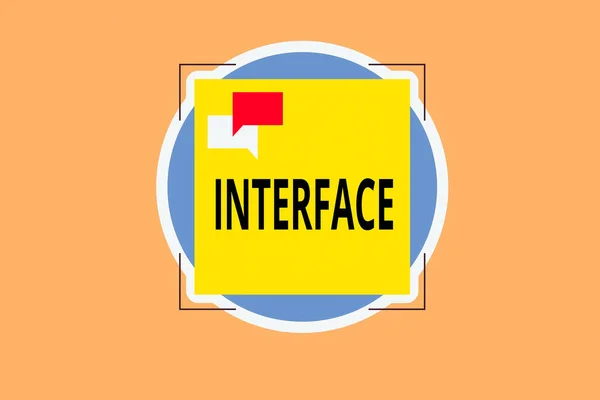 Writing note showing Interface. Business photo showcasing the means by which interaction or communication is achieved Two Speech Bubble Overlapping on Square Shape above a Circle. — Stock Photo, Image