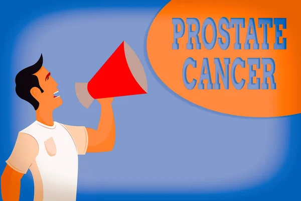 Texte écrit Cancer de la prostate. Concept d'entreprise pour le développement du cancer dans le système reproducteur masculin Homme en chemise Parler debout tenant un mégaphone Homme appelant sur. — Photo