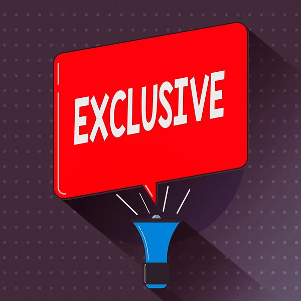 Text sign showing Exclusive. Conceptual photo limiting or limited to possession of use by a single individual Megaphone Make Voice Louder Handheld Amplifier and Blank Speech Bubble. — Stock Photo, Image