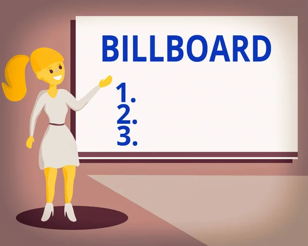 Εννοιολογική γραφή με το χέρι που δείχνει Billboard. Business photo κείμενο μια επίπεδη επιφάνεια στην οποία προβάλλονται υπαίθριες διαφημίσεις ανάλυση Wo Παρουσιάζοντας Audio Blank οθόνη προβολής. — Φωτογραφία Αρχείου