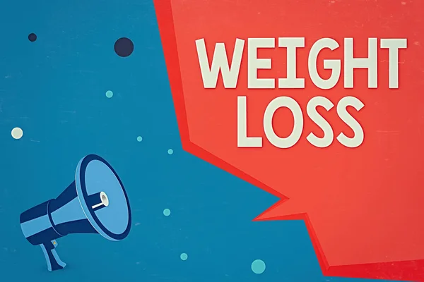 Word writing text Weight Loss. Geschäftskonzept zur Verringerung der gesamten Körpermasse aufgrund eines mittleren Flüssigkeitsverlustes Megaphon-Lautsprecher und leere geometrische Form Half Speech Bubble. — Stockfoto