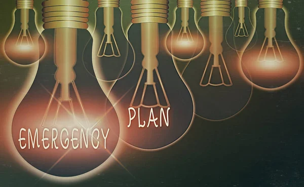 Text sign showing Emergency Plan. Conceptual photo actions to be conducted in a certain order or manner Realistic colored vintage light bulbs, idea sign solution thinking concept. — Stock Photo, Image