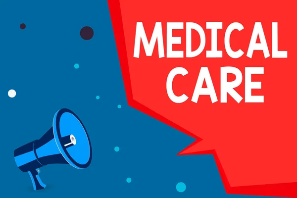 Word writing text Medical Care. Business concept for the professional attention of medical practitioners in health Megaphone Loudspeaker and Blank Geometric shape Half Speech Bubble. — Stock Photo, Image