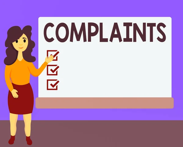 Word writing text Complaints. Business concept for something that is the cause or subject of protest or outcry Female Hu analysis Standing Hand Presenting Rectangular Blank Whiteboard. — Stock Photo, Image