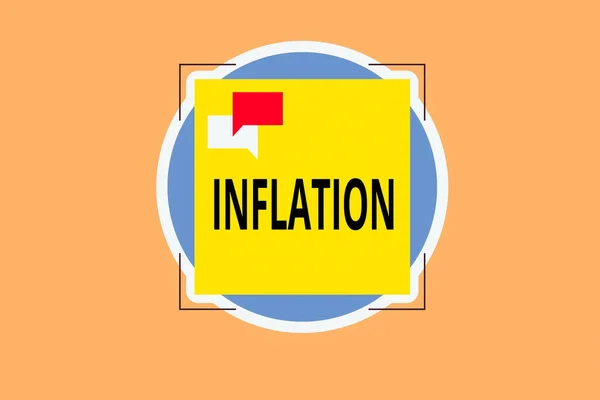 Notatka informująca o inflacji. Biznes zdjęcie pokazujące wzrost wolumenu pieniędzy w stosunku do dostępnych towarów Dwie bańki mowy nakładające się na kształt kwadratu powyżej koła. — Zdjęcie stockowe