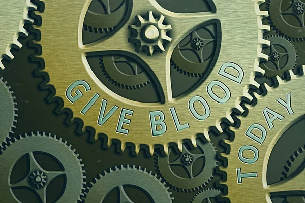 Text sign showing Give Blood. Conceptual photo an individual voluntarily has blood drawn and used for transfusions System Administrator Control, Gear Configuration Settings Tools Concept. — Stock Photo, Image