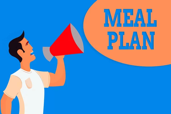 Woord schrijven tekst Maaltijden Plan. Zakelijk concept voor het nemen van de tijd om een aantal maaltijden te plannen voor de week Man in Shirt Standing Talking Holding a Megaphone Male Calling Out on. — Stockfoto