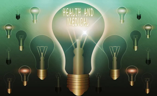 Text sign showing Health And Medical. Conceptual photo study and investigation of physical and mental wellbeing Realistic colored vintage light bulbs, idea sign solution thinking concept. — Stock Photo, Image