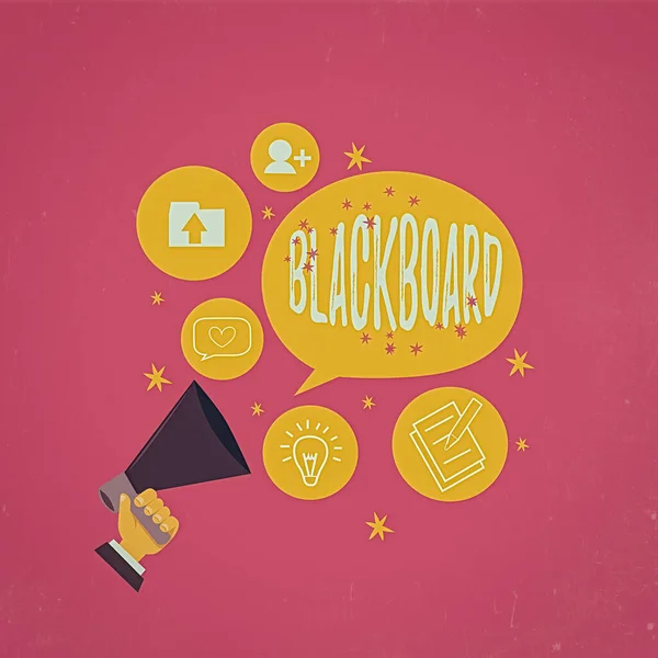 Blackboardを示すテキスト記号。通常、教室で使用される概念的な写真のハード滑らかな暗い表面胡分析手を保持メガホン異なるトピックとスピーチバブルを話す. — ストック写真