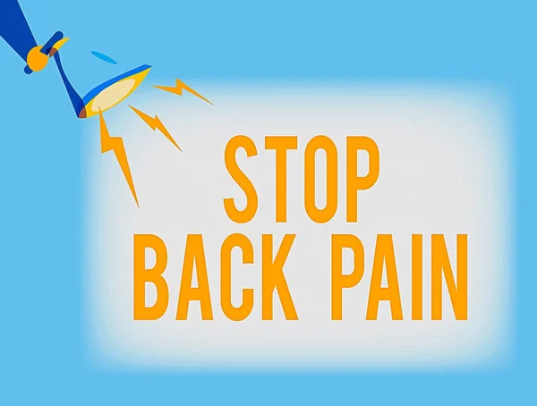 손에 쓴 글씨는 《 Stop Back Pain 》 을 의미 한다. Business photo text put a pain in the low or top back Hu analysis Holding Megaphone with Lightning Sound Effect. — 스톡 사진