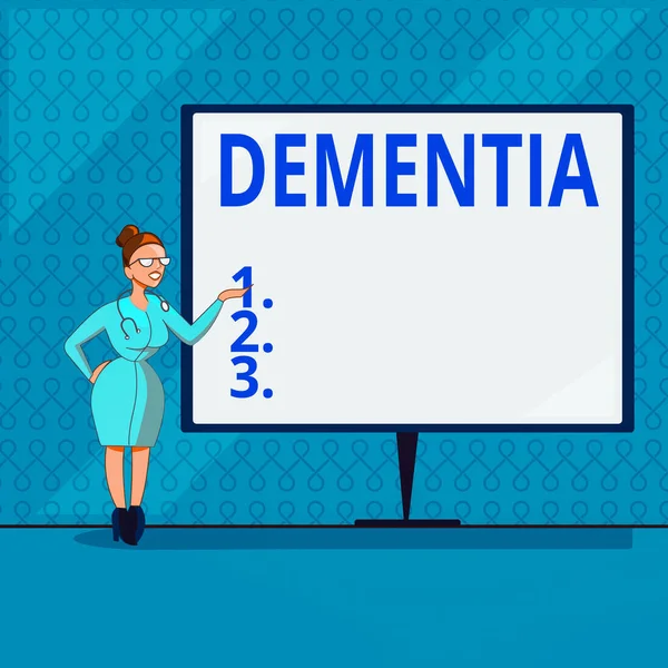 Handwriting text writing Dementia. Concept meaning usually, a progressive condition marked by multiple deficits Female Doctor with Stethoscope Standing Hand Presenting Blank Whiteboard. — Stock Photo, Image