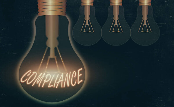 Conceptual hand writing showing Compliance. Business photo showcasing ability of an object to yield elastically when a force is applied Realistic colored vintage light bulbs, idea sign solution.