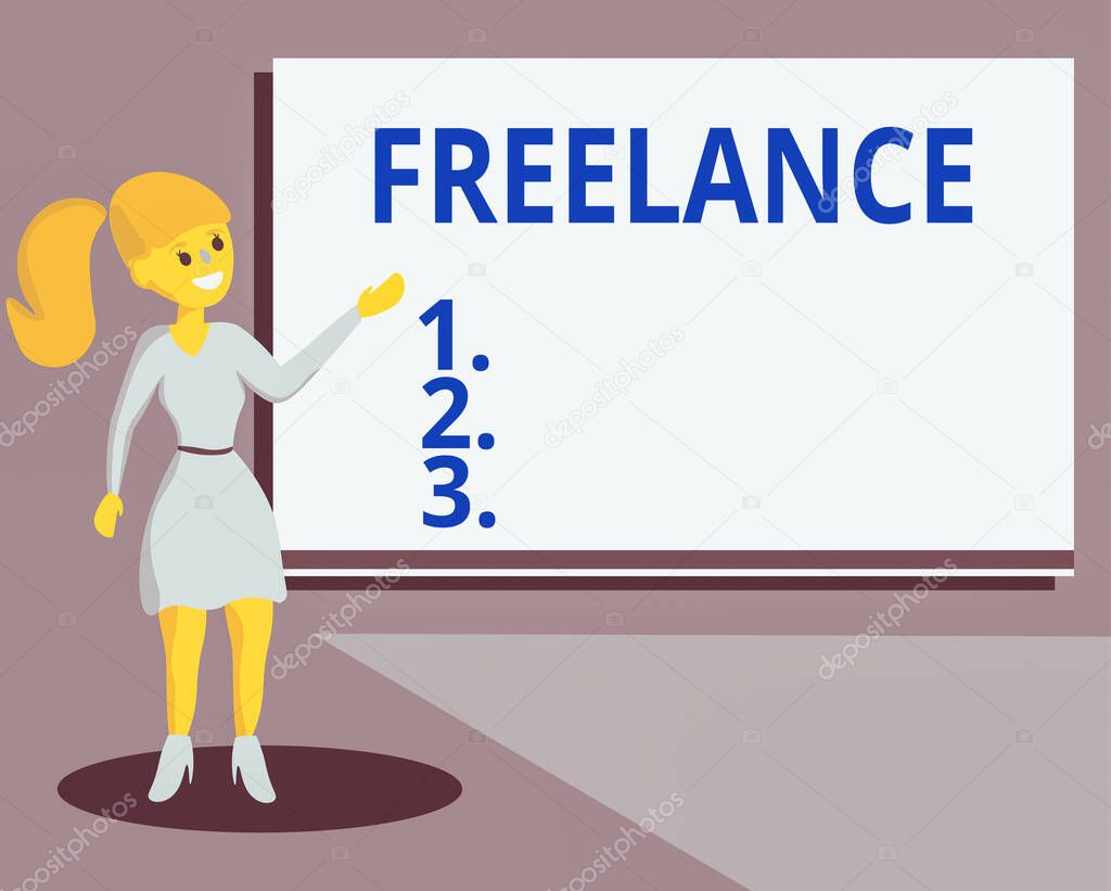 Conceptual hand writing showing Freelance. Business photo text an individual who pursues a profession without a longterm commitment Wo analysis Presenting Audio Visual Blank Projector Screen.
