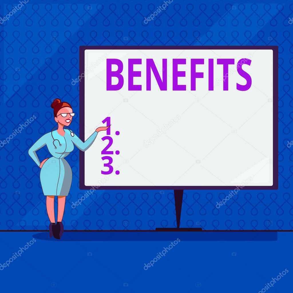 Handwriting text writing Benefits. Concept meaning produces helpful results or effects that promote wellbeing Female Doctor with Stethoscope Standing Hand Presenting Blank Whiteboard.