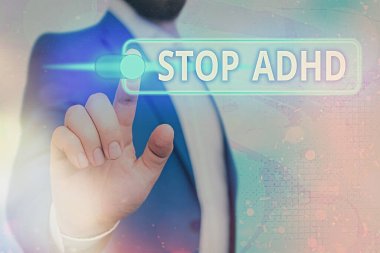 El yazısı metin Stop Adhd. Kavram, bir çocuğun beynini ve davranışlarını etkileyen bir rahatsızlığı tedavi etmek anlamına gelir. Ağ veri bilgi güvenlik uygulama sistemi için asma kilit.