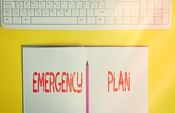 Handschriftlicher Notfallplan. Konzept, d.h. Aktionen, die in einer bestimmten Reihenfolge oder Weise ausgeführt werden Kopierraum auf Notizbuch über gelbem Hintergrund mit Tastatur auf dem Tisch. — Stockfoto