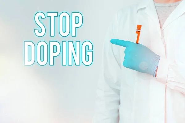 Nota di scrittura che mostra Stop Doping. La vetrina della foto di affari ha rinunciato all'uso di droghe atletiche vietate di miglioramento delle prestazioni Campione di analisi del sangue del laboratorio indicato per diagnostica medica. — Foto Stock